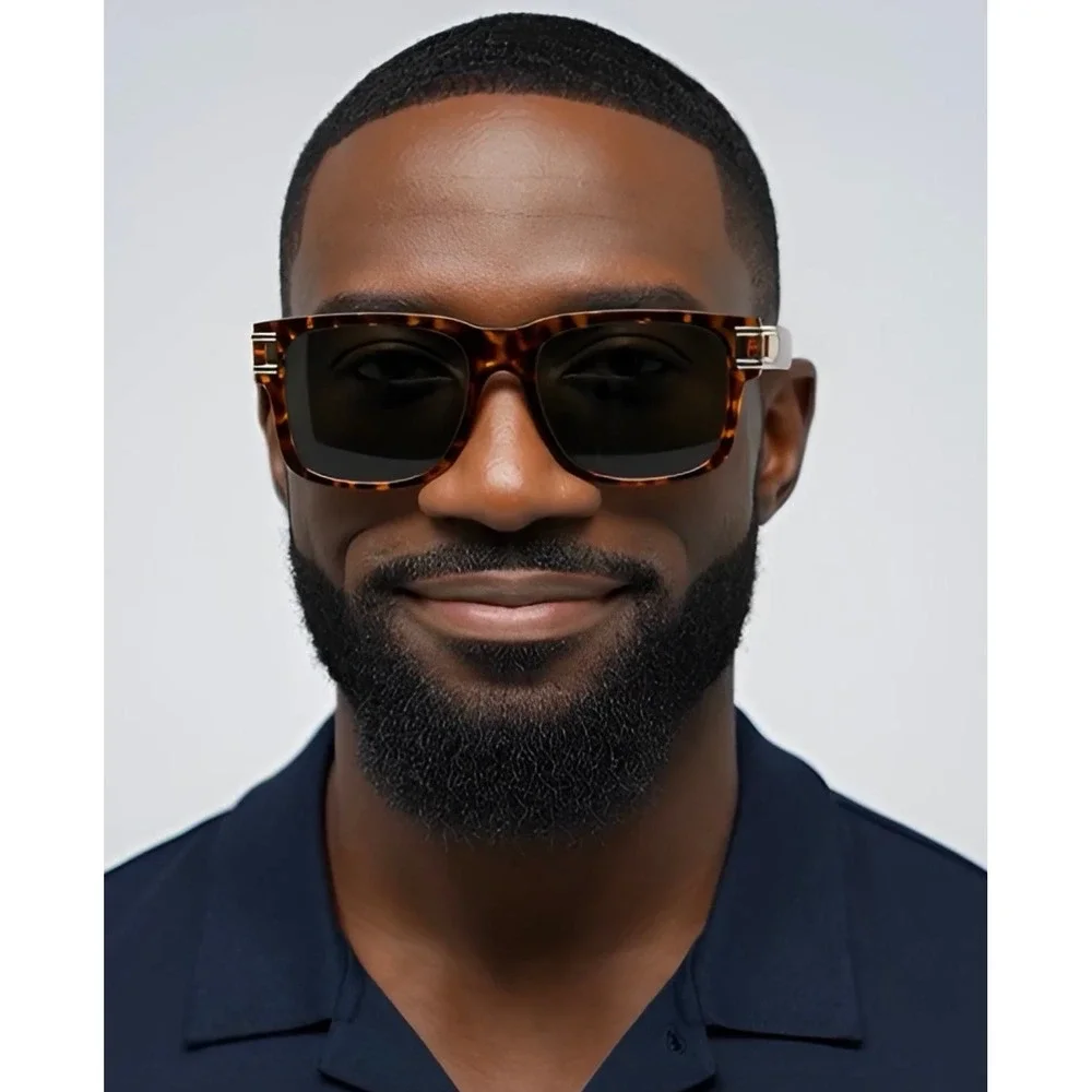 Mens Tortoise Square Sunglasses Gold Metal‎ Temple Dark Green Lens Retro Luxury